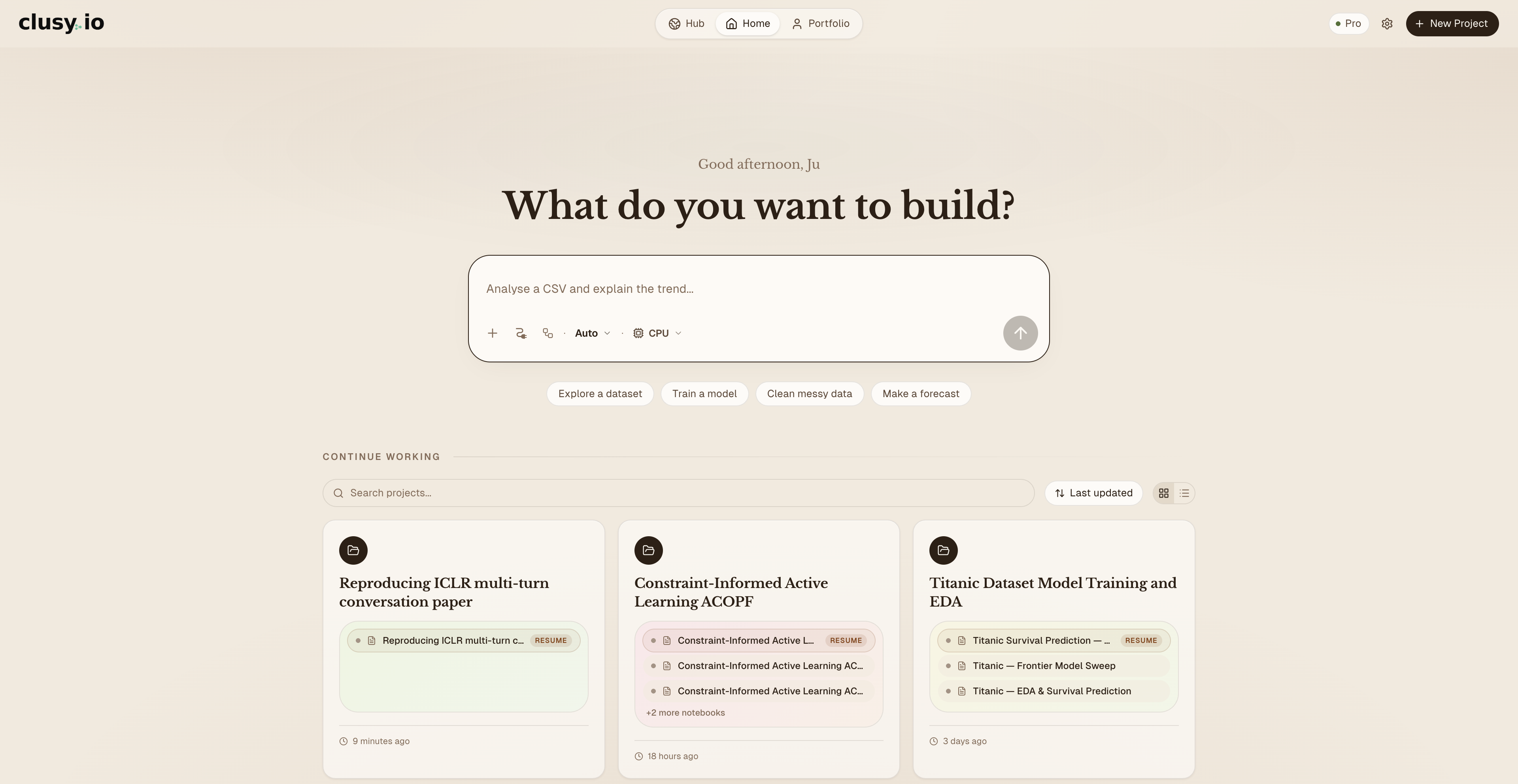 The dashboard: a launcher asking "What do you want to build?" with starter chips, above your recent projects