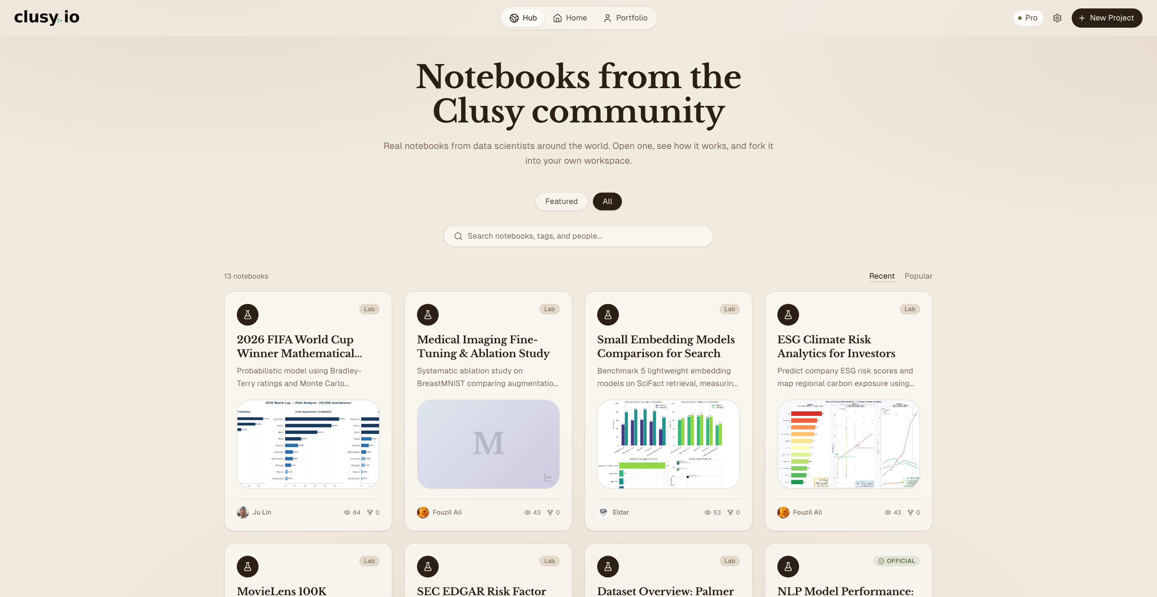The Clusy Hub: a searchable grid of community notebooks, each card showing a real output as its cover