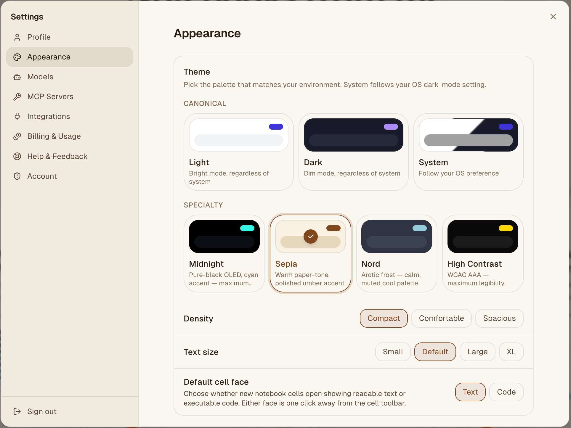 The Appearance section: theme swatches for the canonical and specialty palettes, plus density, text size, and the default cell face