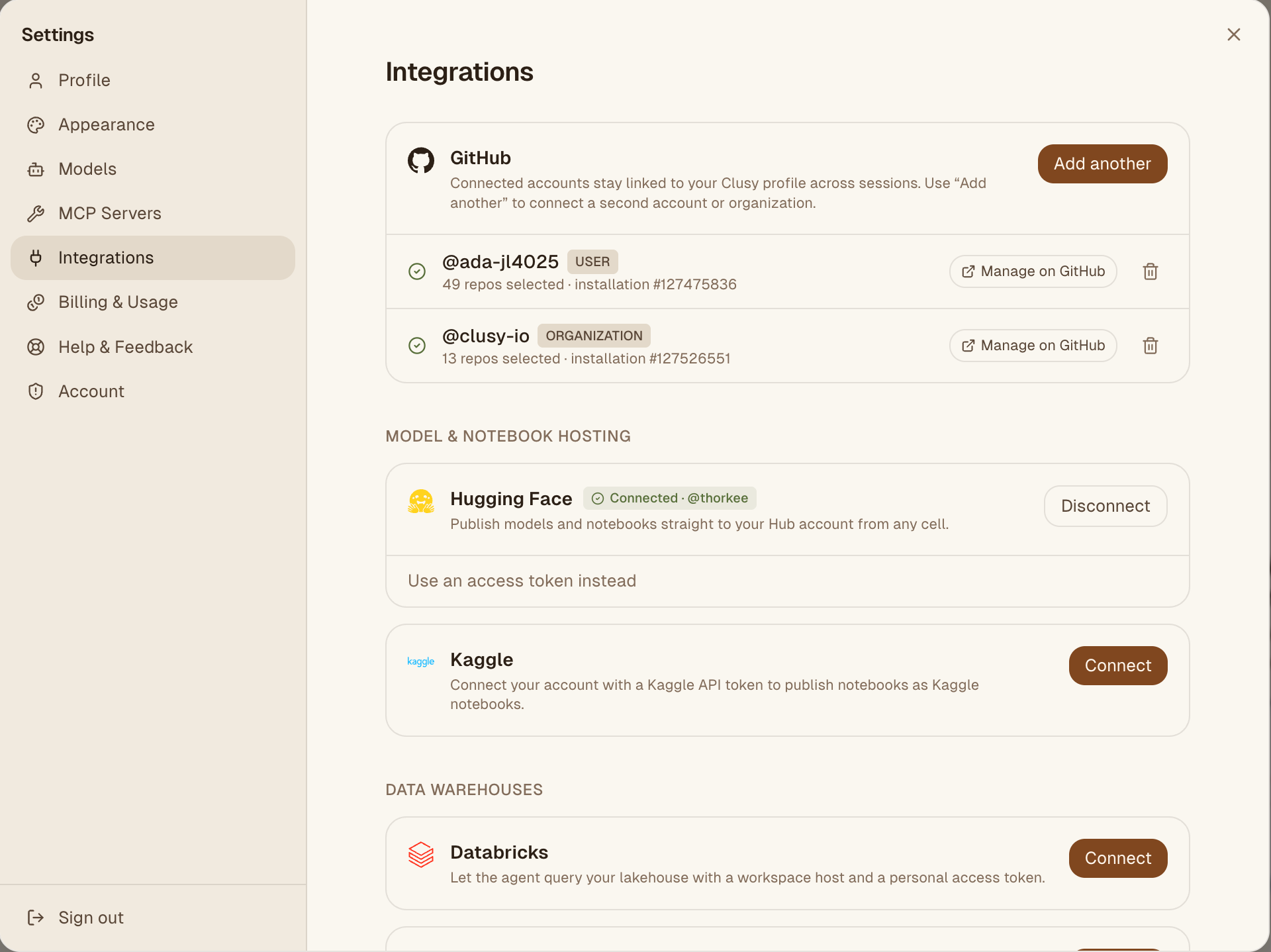 The Integrations section: GitHub accounts with per-repo access, Hugging Face connected, and connect buttons for Kaggle and Databricks