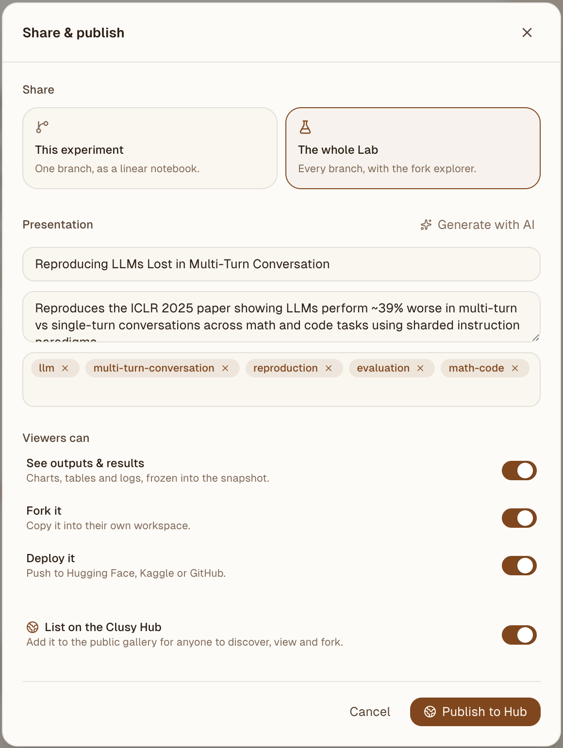 The Share & publish dialog: scope, title, description and tags, the viewer permission toggles, and the Hub listing switch