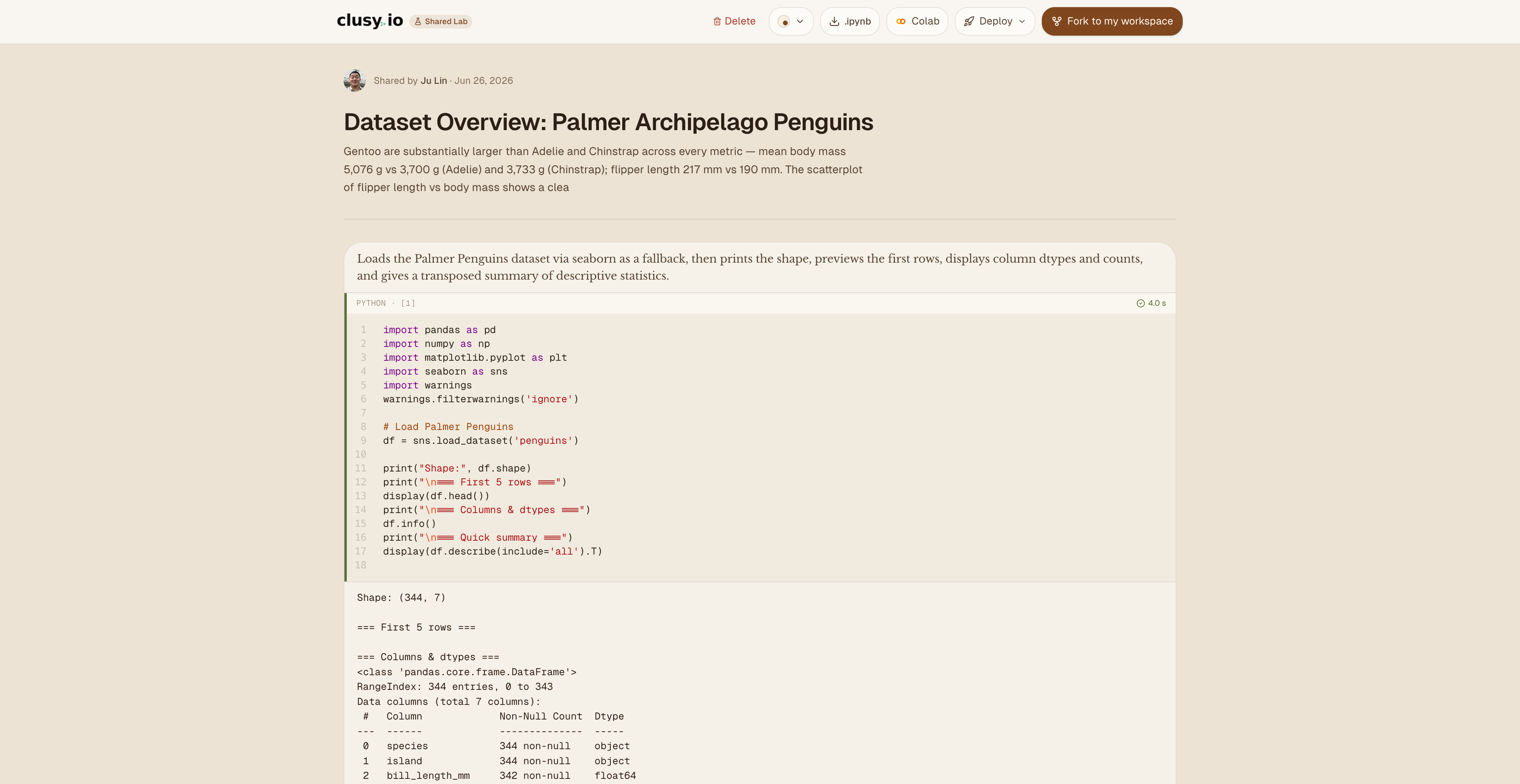 A shared notebook in the viewer: the author and date up top, readable cells with their saved output, and actions to download, open in Colab, deploy, or fork it
