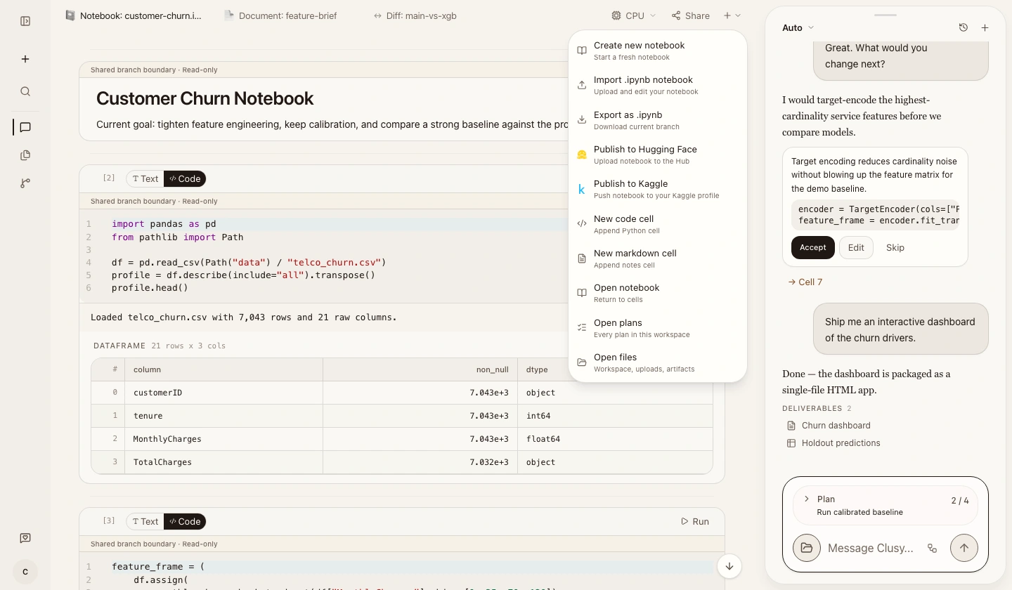 The current notebook workspace with the canvas plus menu open beside Plans, CPU, and Share controls