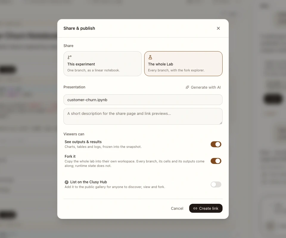 The current Share and publish dialog with whole-Lab scope, presentation fields, output and fork controls, and the Clusy Hub option